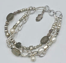 Load image into Gallery viewer, moonstone, pearl & silver 3 strand bracelet