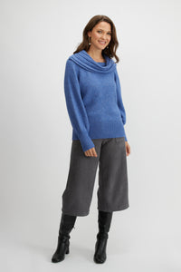 Rolled collar with billow sleeve knit sweater/Blueberry
