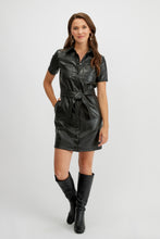Load image into Gallery viewer, Belted faux leather shirt dress/black
