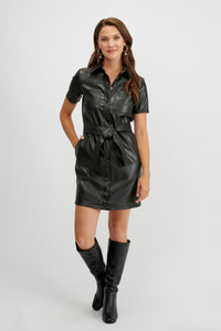 Belted faux leather shirt dress/black