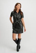Load image into Gallery viewer, Belted faux leather shirt dress/black
