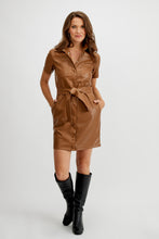 Load image into Gallery viewer, Belted faux leather shirt dress/toffee
