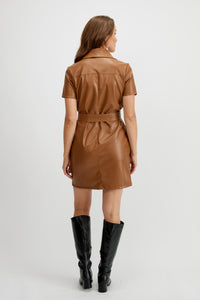 Belted faux leather shirt dress/toffee