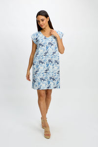 Linen & Viscose print shift dress/Blue Flowers