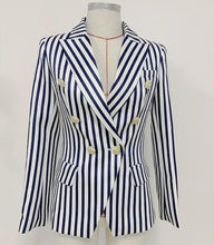 Load image into Gallery viewer, Blazer - Yasmine Blue/White Striped  Luxury Fitted Double Breasted
