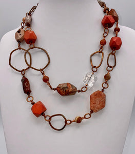 Mexican fire opal, handmade copper links, wooden beads necklace