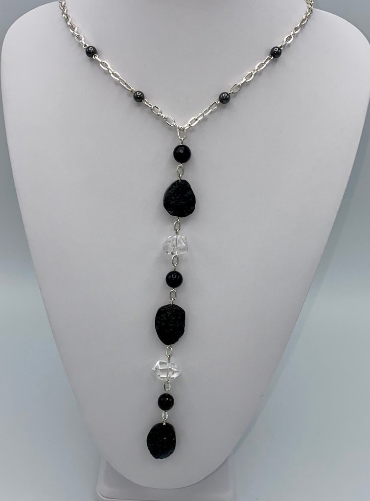 Tektite, Faceted Rock Crystal Y necklace