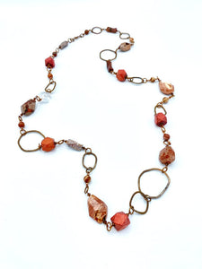 Mexican fire opal, handmade copper links, wooden beads necklace