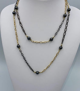 Hematite Beads on long gold & black chain