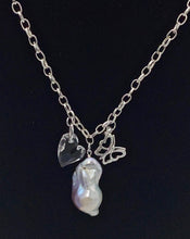 Load image into Gallery viewer, Baroque Pearl, Swarovski heart and butterfly Sterling Silver Necklace
