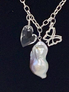 Baroque Pearl, Swarovski heart and butterfly Sterling Silver Necklace