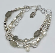 Load image into Gallery viewer, moonstone, pearl &amp; silver 3 strand bracelet
