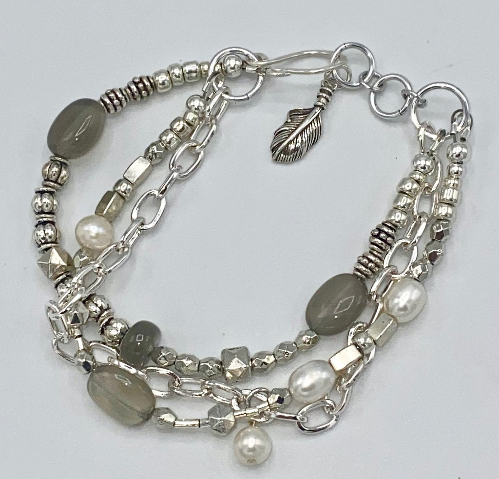 moonstone, pearl & silver 3 strand bracelet