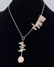 Load image into Gallery viewer, Rose Quartz, pink pearl and silver Y necklace
