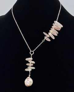 Rose Quartz, pink pearl and silver Y necklace
