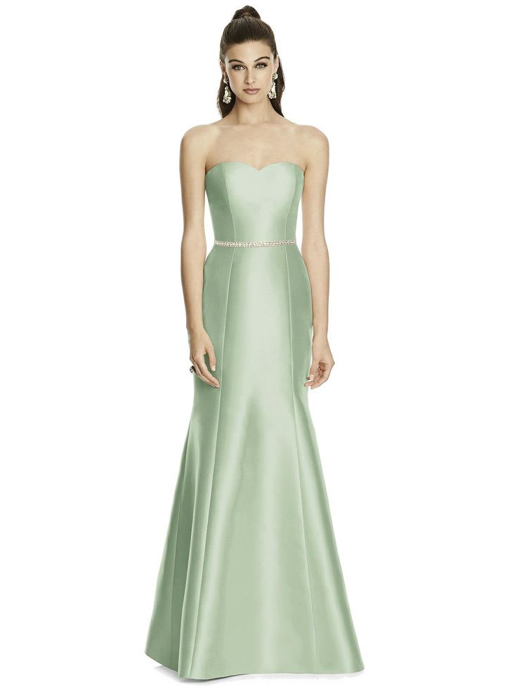 Strapless twill long dress with beaded sash