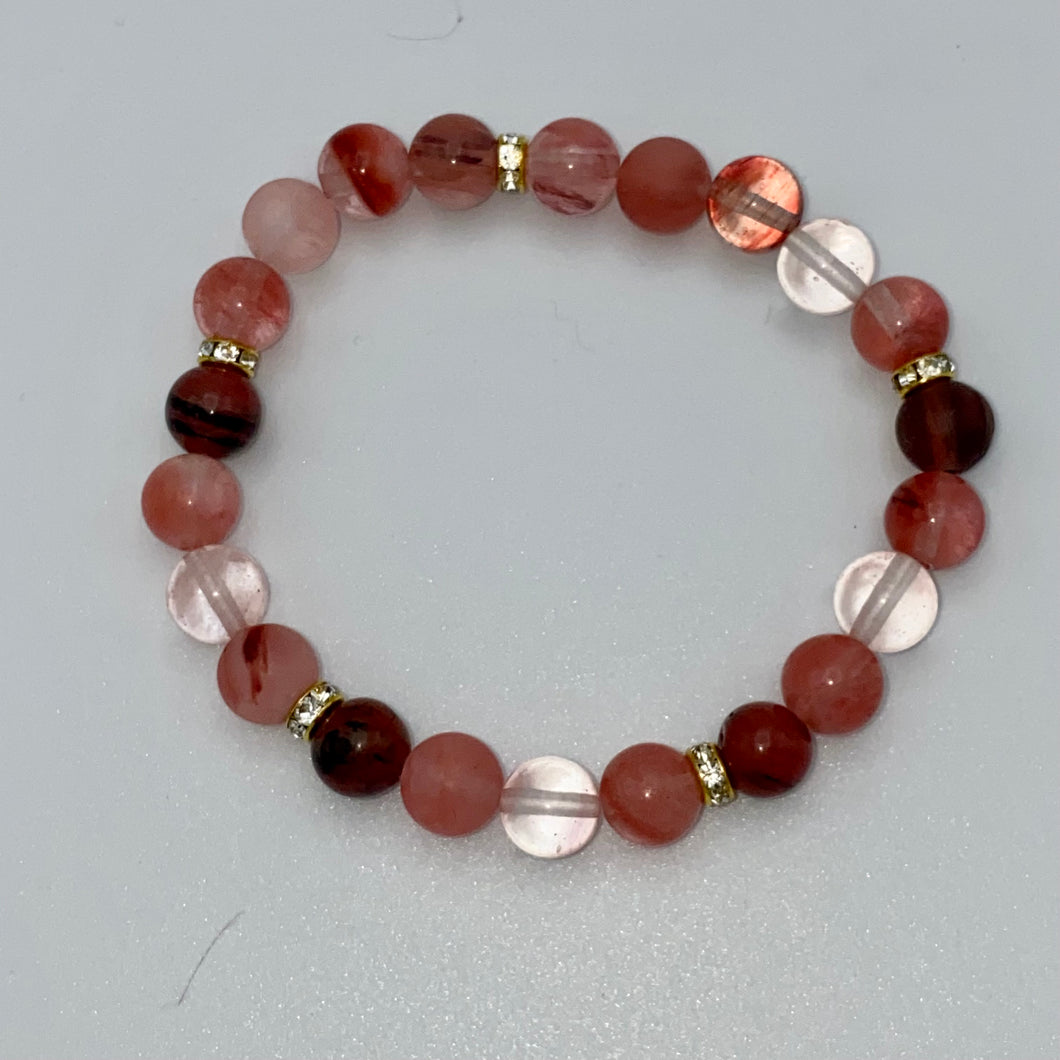 Cherry quartz, rock crystal, jade & pearlized agate