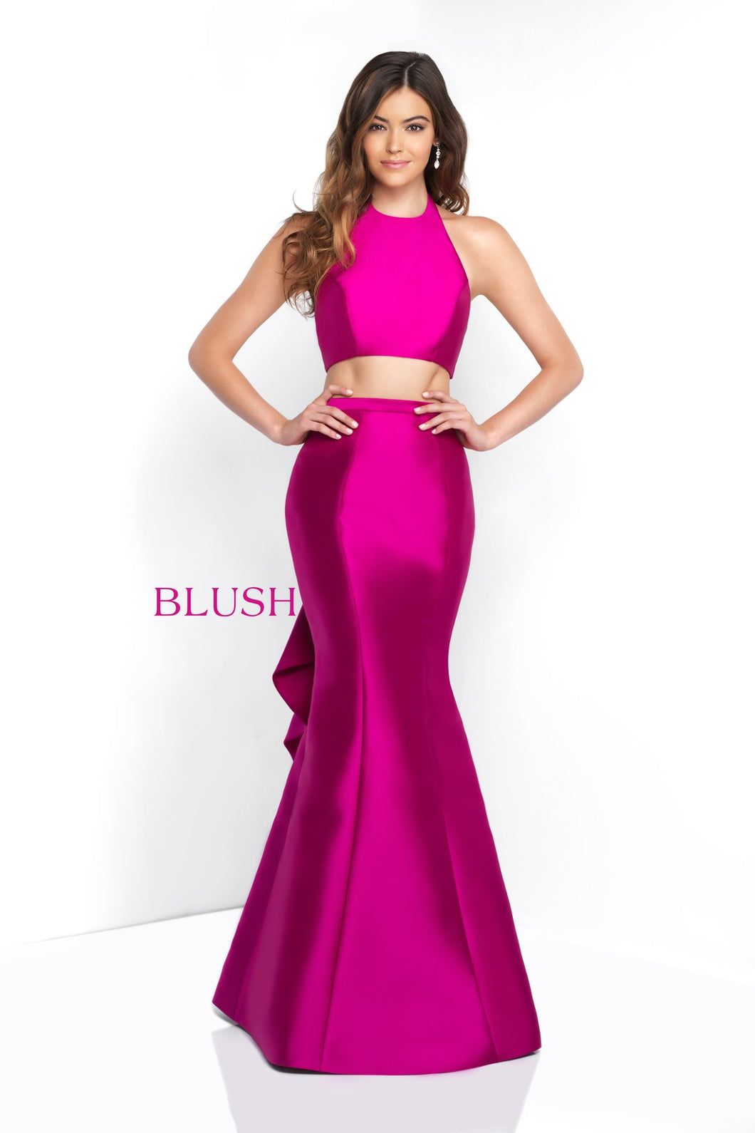 Blush Prom 2pc hot pink satin twill halter & long skirt